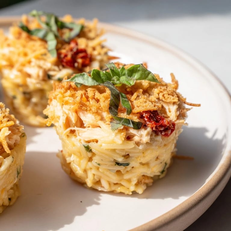 A close-up of baked Marry Me Chicken Sushi Bake Cups, with visible sun-dried tomatoes and creamy sauce.