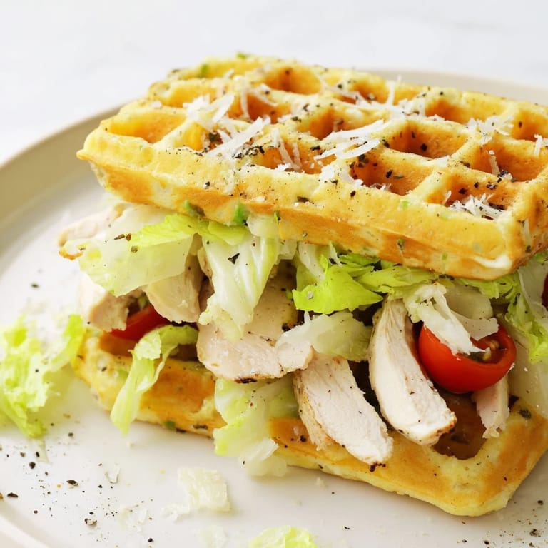 A warm, delicious Chicken Caesar Waffle Sandwich, featuring crispy waffle "buns" holding flavorful chicken and salad.