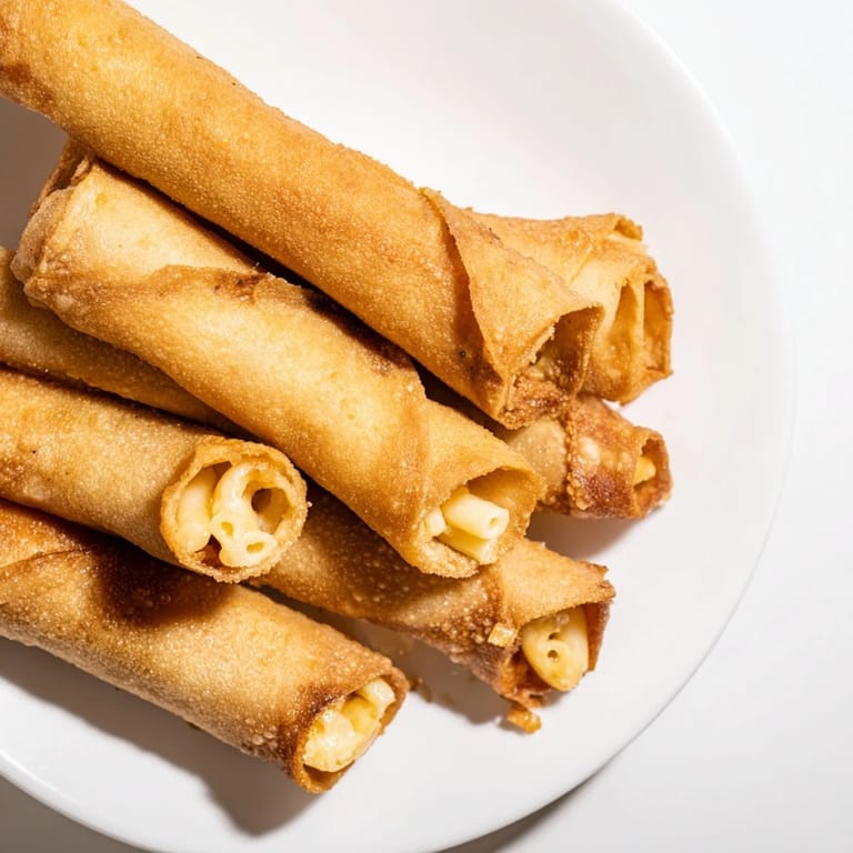 A close-up of crispy Tinis Mac and Cheese Lumpia Rolls, perfect for a party appetizer.