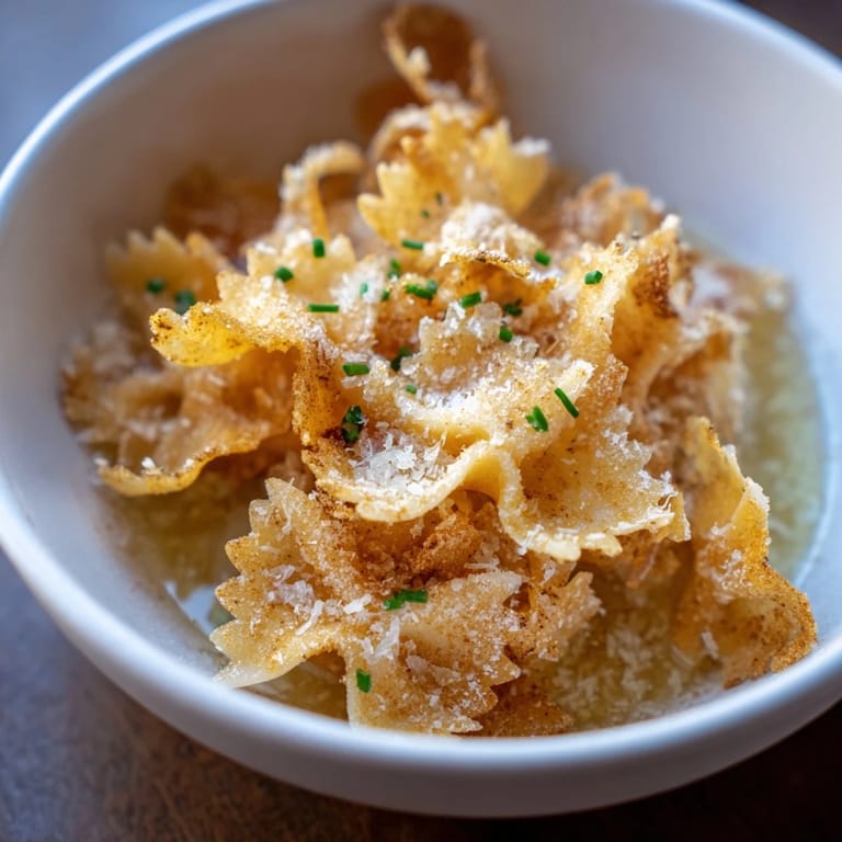 Crispy pasta chips served like cereal in Parmesan broth: a delicious, umami-rich meal!