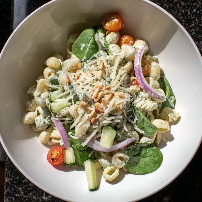Enjoy a colorful bowl of Caesar Pesto Ditalini Salad, complete with fresh vegetables and nutty Parmesan cheese.