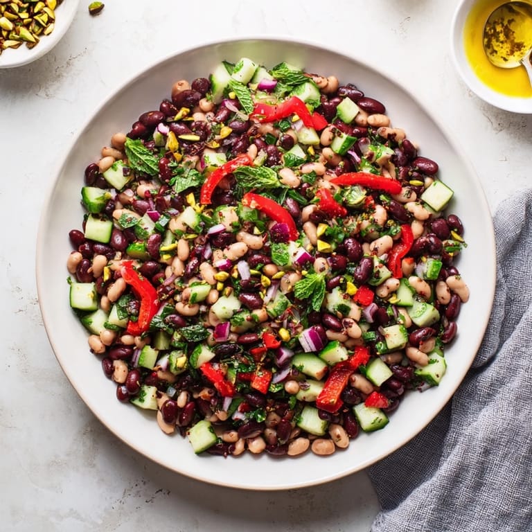 This delicious Dense Bean Salad with Dubai Chocolate Notes features tender beans topped with nuts and cacao.