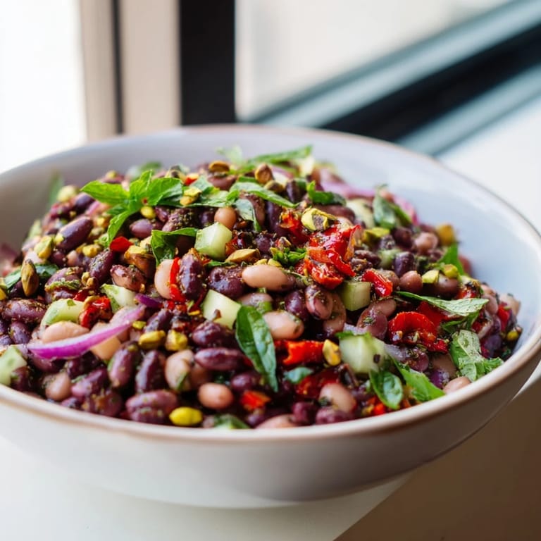 A close-up of the flavorful Dense Bean Salad with Dubai Chocolate Notes showing off the fresh ingredients.