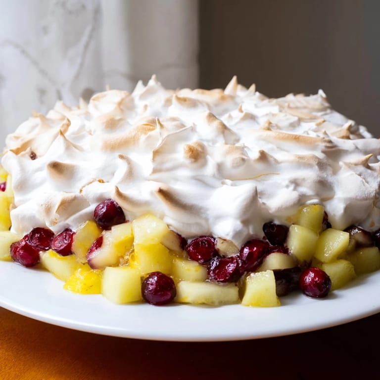 This finished cranberry and pear snowscape glistens with baked meringues and ruby fruit filling, perfect after dinner.