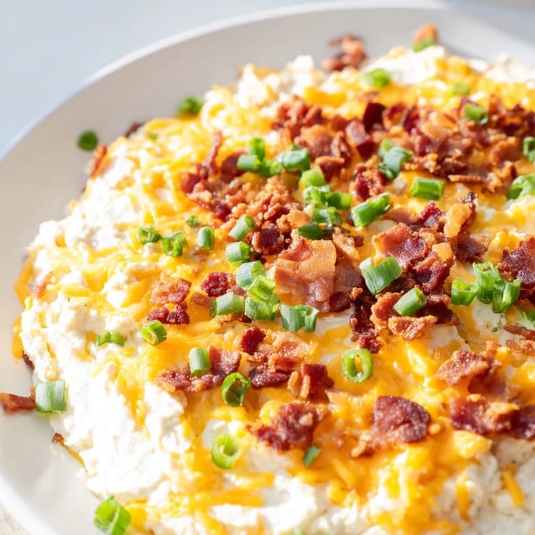 A close-up of creamy Cheesy Bacon Ranch Dip, served warm with colorful tortilla chips and crackers.