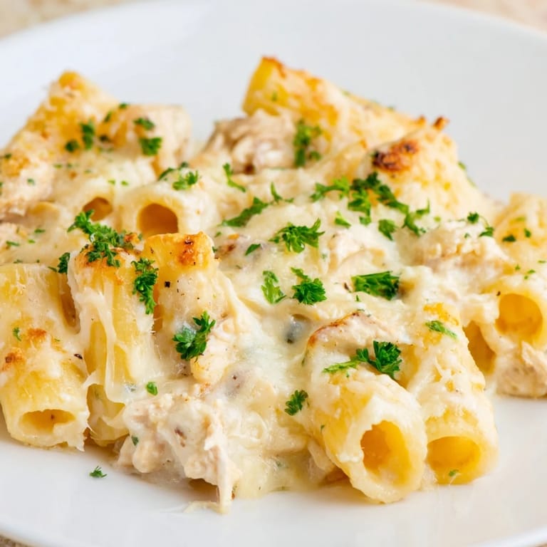 Delicious Chicken Alfredo Bake, showcasing creamy Alfredo sauce enveloping pasta and chicken, baked until bubbly.