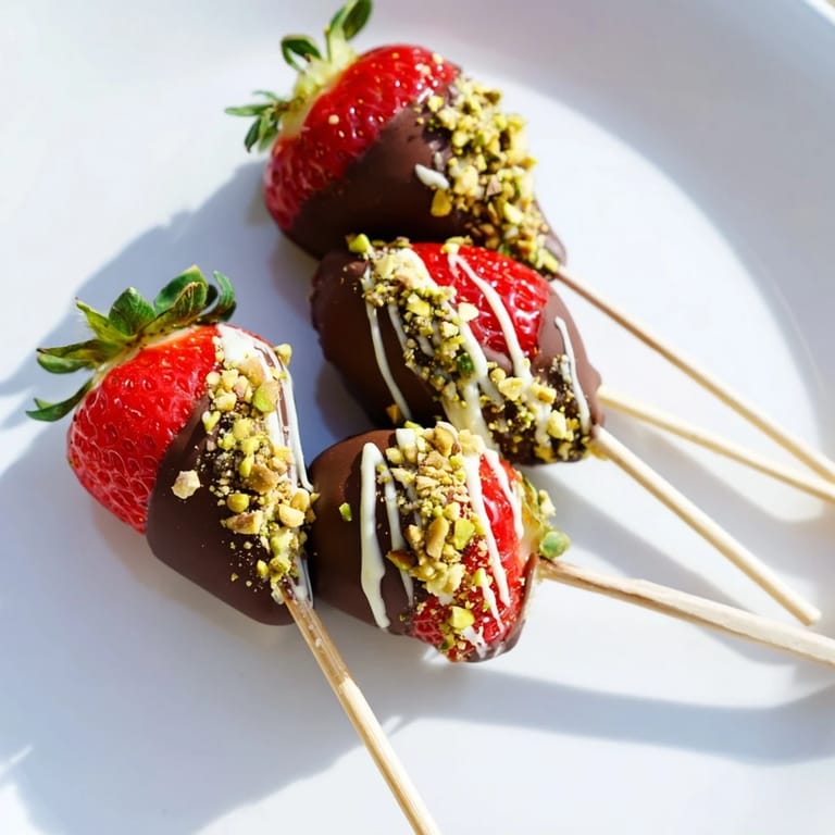 Enjoy luscious Chocolate-Dipped Strawberry Skewers, a beautiful bite with optional pistachio and coconut toppings.