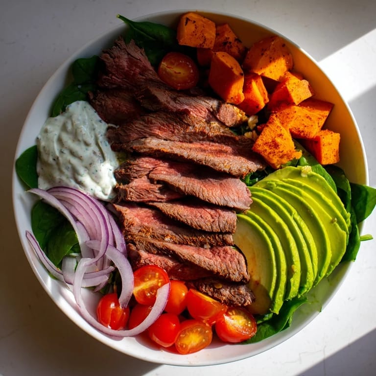 A colorful beef avocado sweet potato bowl with grilled beef, vibrant tomatoes, and creamy avocado slices.