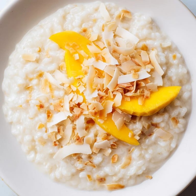 Close-up of a warm bowl of toasted Coconut Rice Pudding, topped with toasted coconut flakes.