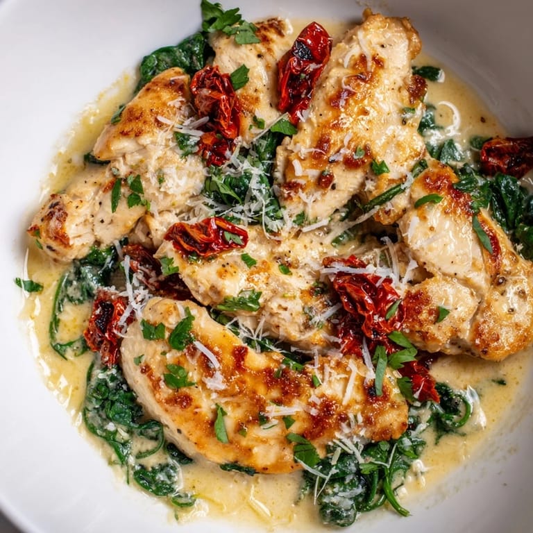 This delicious Creamy Tuscan Chicken dish features perfectly cooked chicken and sun-dried tomatoes, ready to serve.
