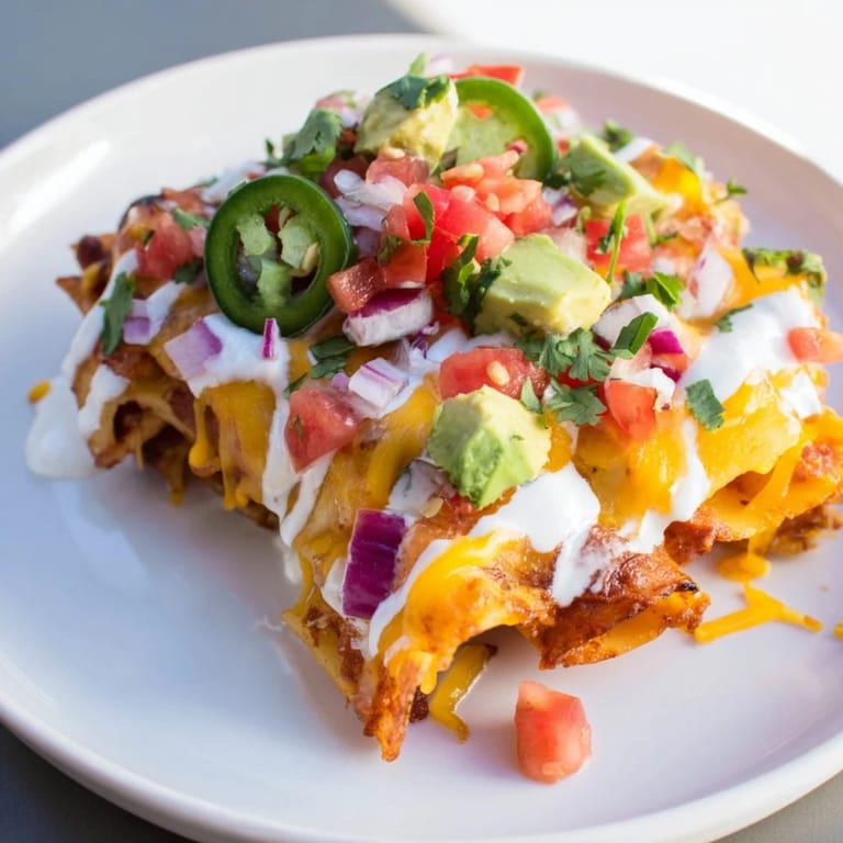 Delicious, cheesy pasta chips nachos, piled high with diced tomatoes, red onion, and cilantro.