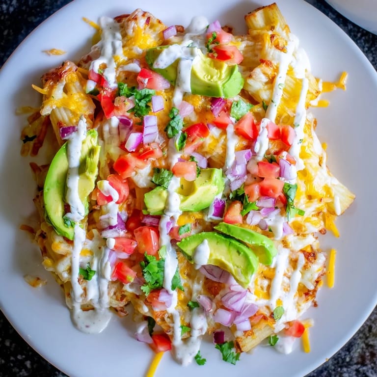 A plate of crispy pasta chips nachos, ready to be enjoyed with a creamy, zesty dipping sauce.