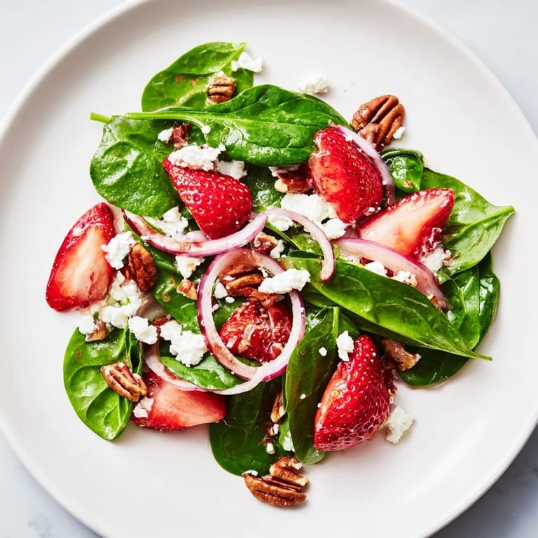 A close-up of a refreshing Spinach Strawberry Salad, perfect for a light summer lunch.