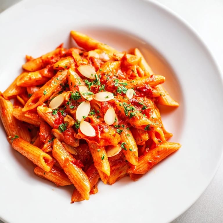 Close-up of freshly made Penne allArrabbiata, showcasing the glistening sauce and perfectly cooked pasta.