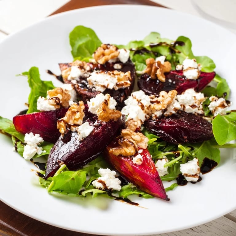 A beautiful close-up of the beet and goat cheese salad: a delicious and colorful vegetarian meal.
