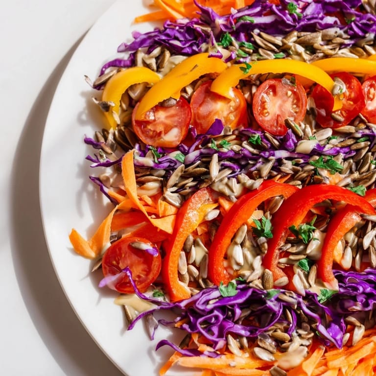 A bright, close-up view of the Rainbow Salad, showcasing fresh, colorful vegetable slices.