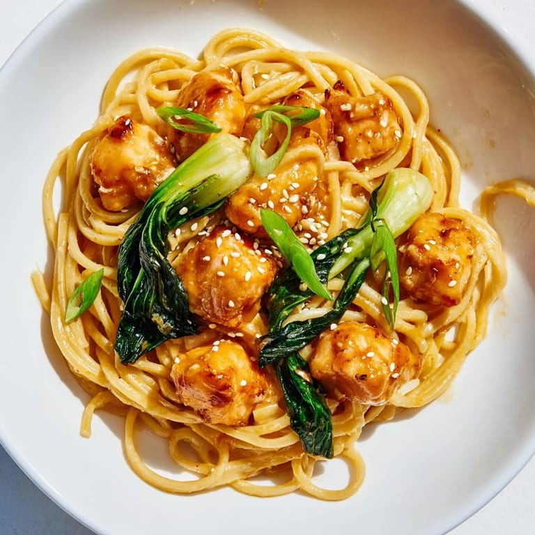 Tender salmon pieces nestled in linguine, coated in rich miso butter sauce, a flavorful pasta recipe.