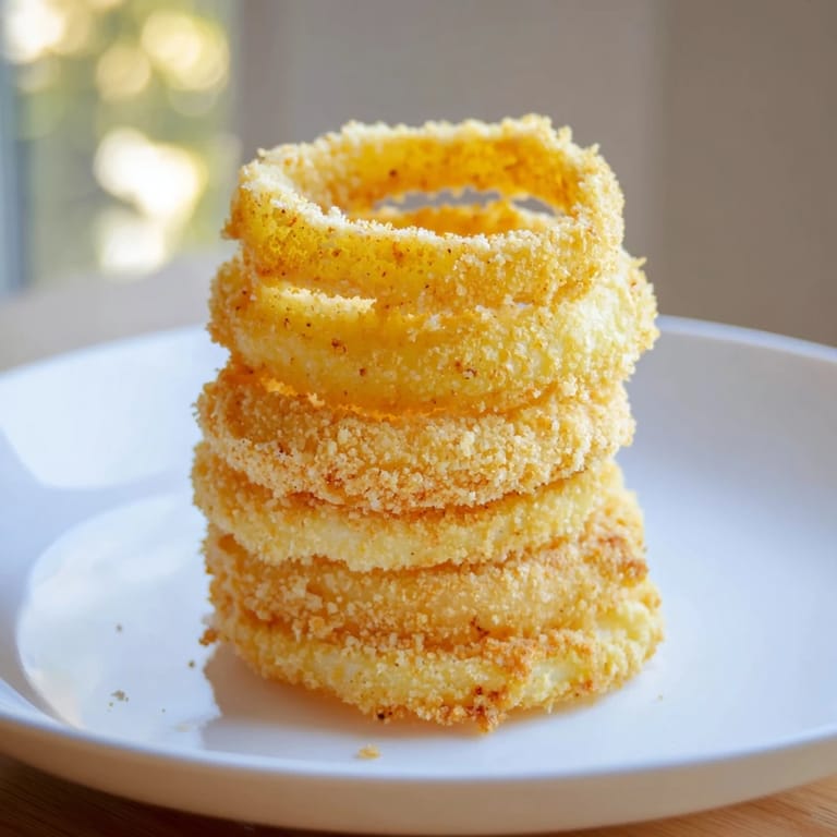 Imagine a towering stack of glistening, perfectly fried Crispy Onion Rings, ready for dipping sauces.