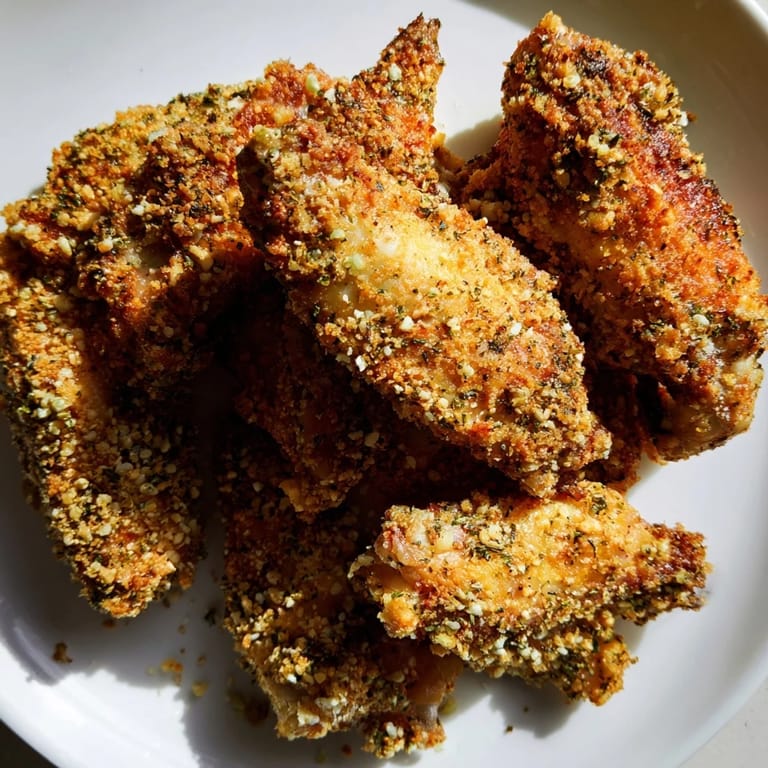 Close-up of crispy Parmesan chicken wings, baked to golden perfection, ready to be devoured.