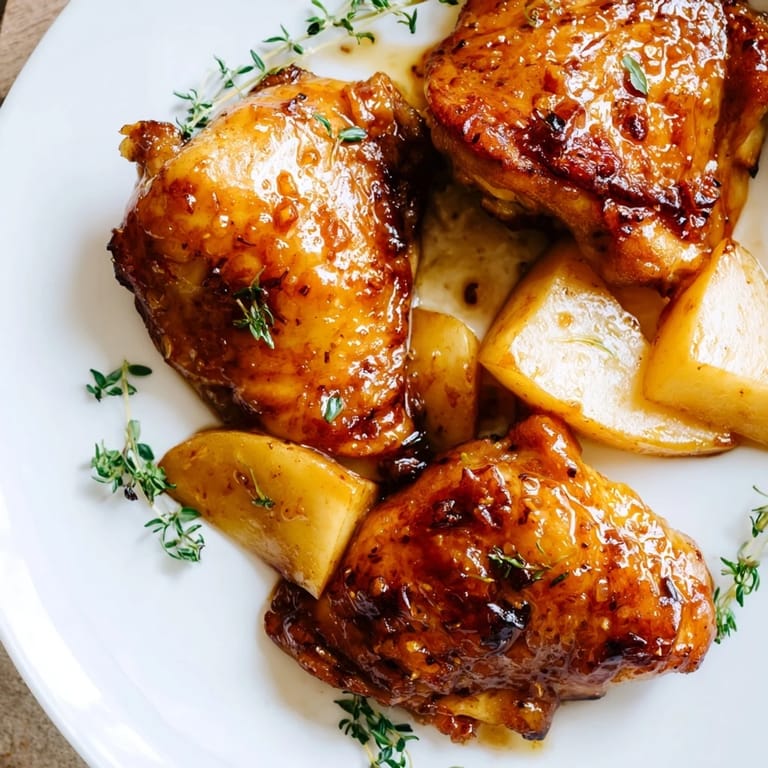 Homemade Sticky Maple Apple Chicken, tender chicken thighs coated in a sweet, tangy maple glaze, ready to serve.