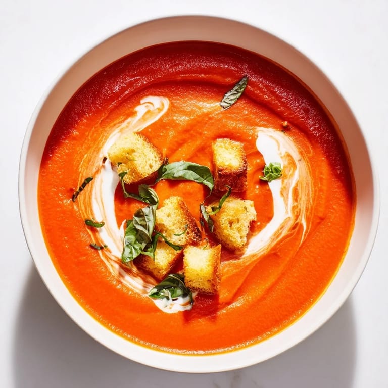 Indulge in a smooth, rich Creamy Roasted Garlic Tomato Soup garnished with fresh green basil leaves.