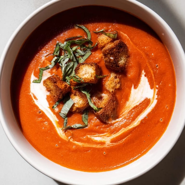 A vibrant bowl of Creamy Roasted Garlic Tomato Soup, perfect for a cozy, comforting meal.