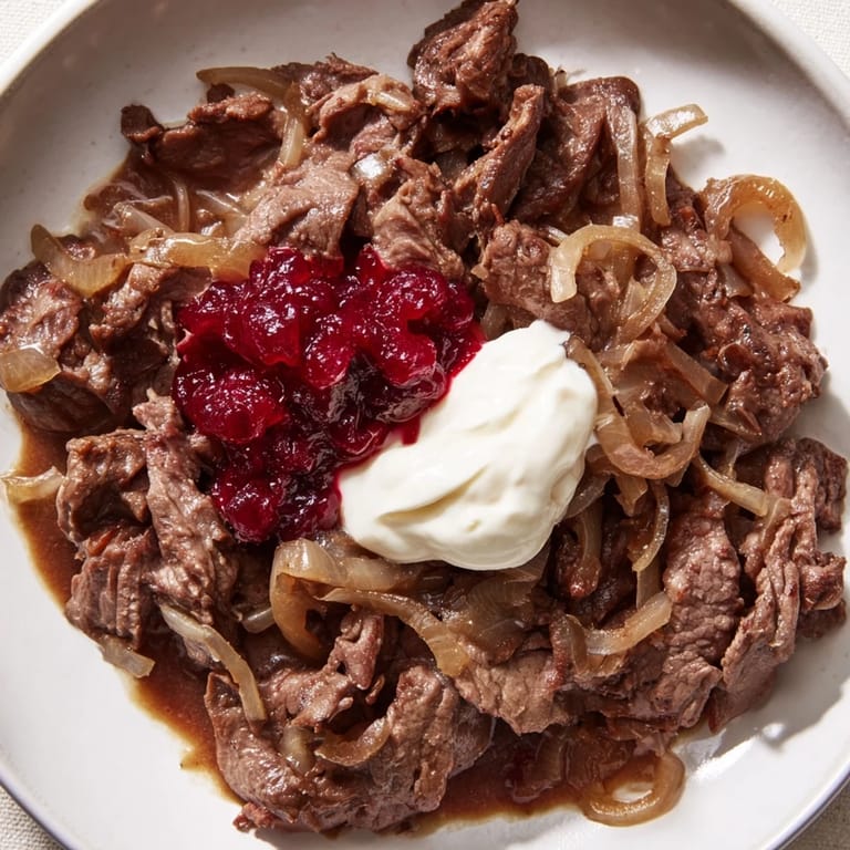 A steaming bowl of Finnish Reindeer Stew featuring succulent meat and a swirl of sour cream, ready to enjoy.