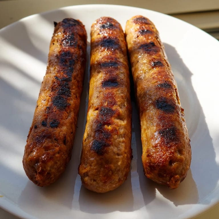 Crispy-skinned Romanian mici, flavorful ground meat rolls, being turned on a hot grill for even cooking.