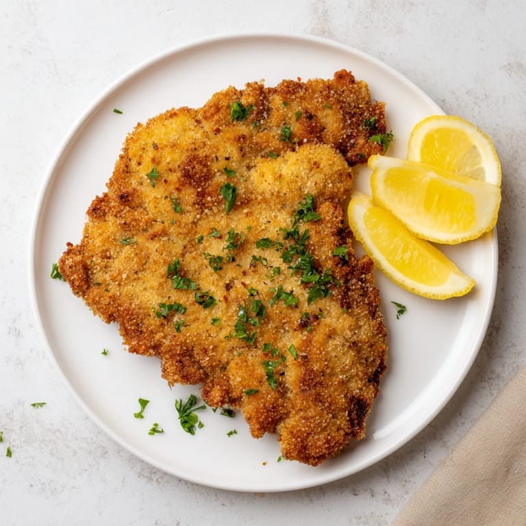 Close-up of a pan-fried German Schnitzel, its breading perfectly crisp, imagining the savory aroma.