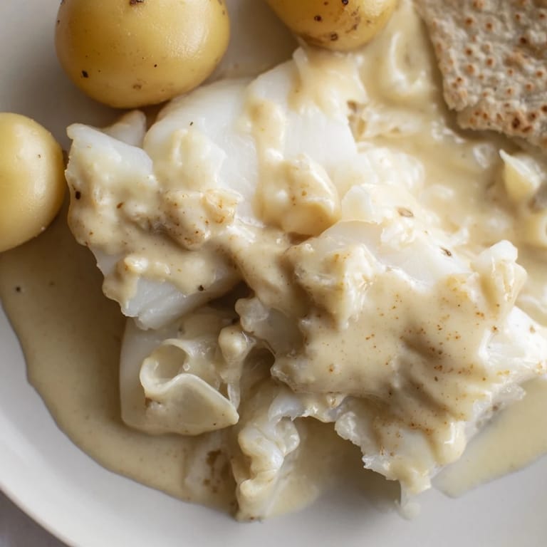 A plate of Norwegian Lutefisk, showcasing mild white fish flakes under a rich, golden mustard sauce.