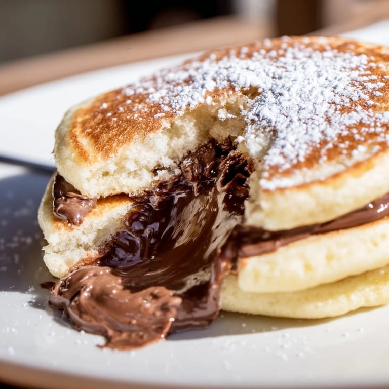 Freshly cooked fluffy Nutella stuffed pancakes dusted with powdered sugar, topped with sliced bananas and strawberries for a decadent breakfast.