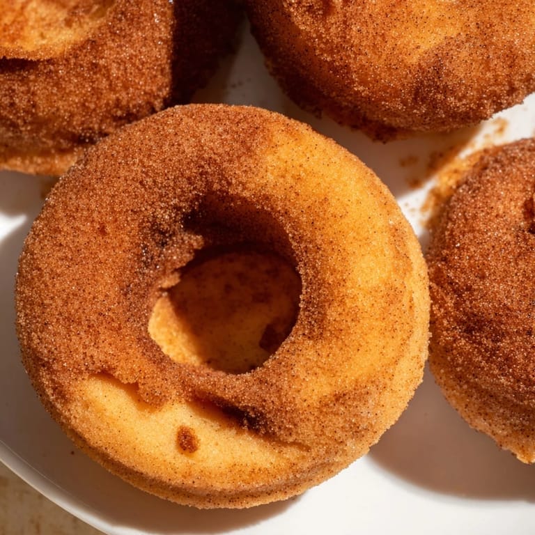 Fluffy Air Fryer Cinnamon Sugar Donuts made from biscuit dough, golden-brown and puffed, piled on a plate with a dusting of cinnamon sugar.