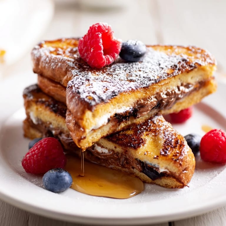 Fluffy Nutella Brioche French Toast slices soaked in custard, pan-fried to a perfect crisp.