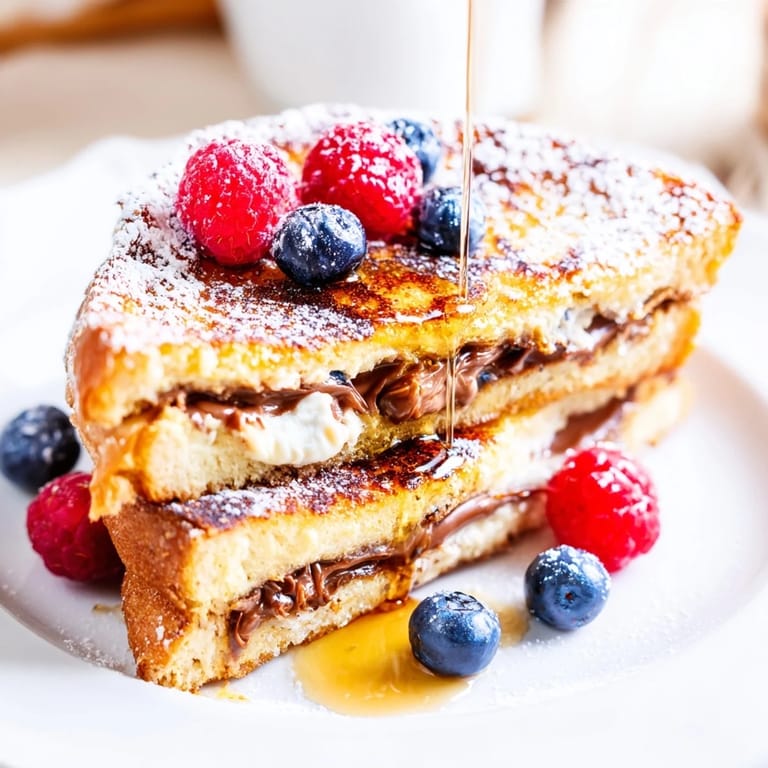 Decadent Nutella Brioche French Toast stacked high, dusted with powdered sugar for a sweet brunch treat.  