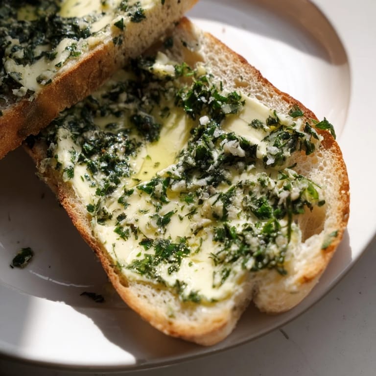 Golden Herb Butter Toast with melted aromatic butter glistening on crusty bread, ready to pair with a crisp white wine or light soup.
