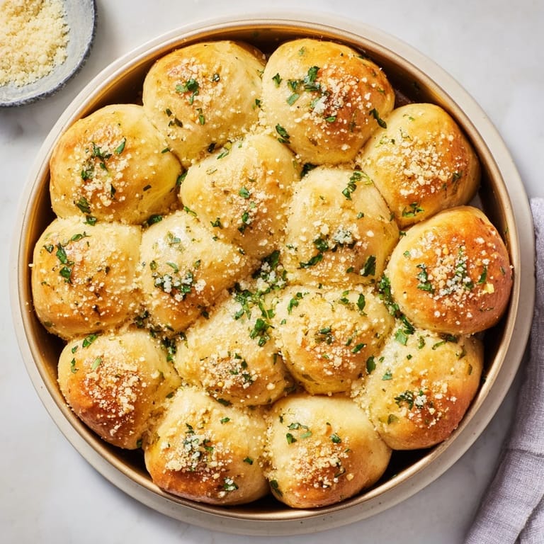 Golden-brown Garlic Butter Bread Pull-Apart rolls, glistening with melted butter and fresh parsley, perfect for sharing.