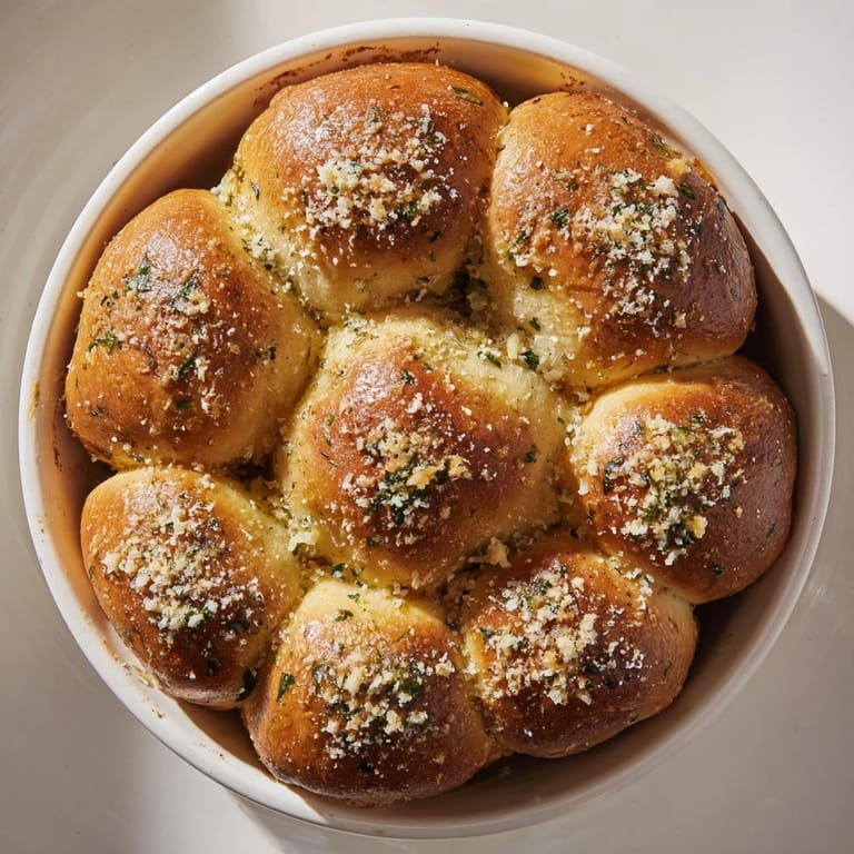 Warm Garlic Butter Bread Pull-Apart rolls, soft and fluffy, ready to be served alongside a hearty pasta dinner.  
