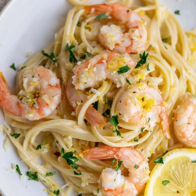 Close-up of Garlic Butter Shrimp Linguine showcasing al dente pasta coated in rich, buttery garlic sauce and perfectly cooked pink shrimp.