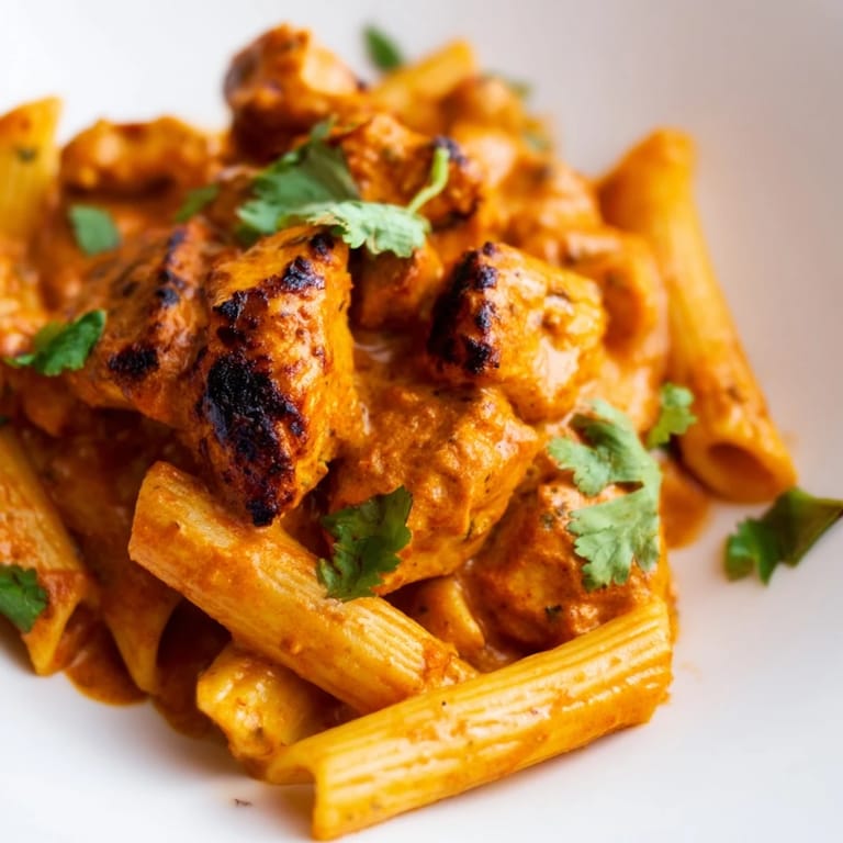 Steaming Chicken Tikka Pasta served in a white bowl, showcasing the rich, velvety sauce clinging to every penne noodle alongside golden-brown tikka chicken.