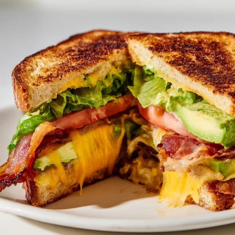 Close-up of a savory Avocado BLT Grilled Cheese with crispy bacon, ripe tomato, and melted Monterey Jack.