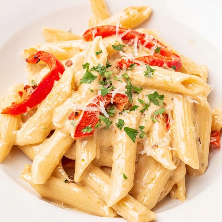 A close-up of Creamy Cajun pasta tossed in a velvety sauce, featuring roasted peppers and freshly grated Parmesan for extra flavor.  