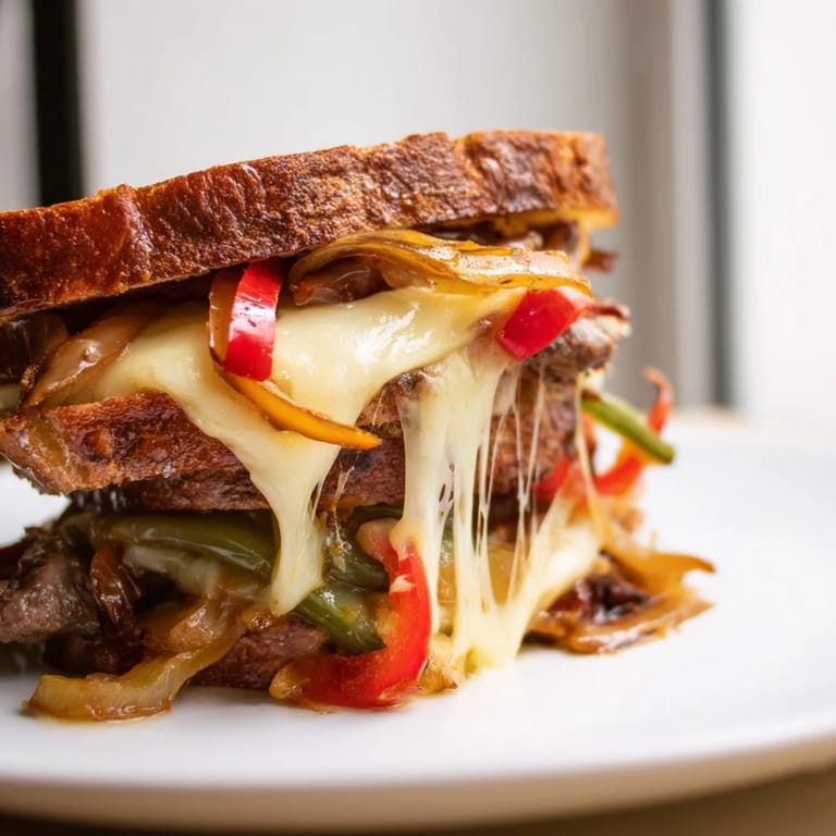 A delicious Philly Cheesesteak Grilled Cheese cut in half, revealing a filling of steak, peppers, and melty cheese.