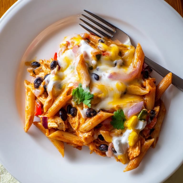 Comforting bowl of Chicken Enchilada Pasta featuring penne, shredded chicken, red sauce, and melted cheese.