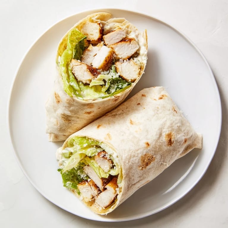 A perfectly rolled Caesar Chicken Salad Wrap served on a plate, ready to eat for a quick and satisfying lunch or dinner.