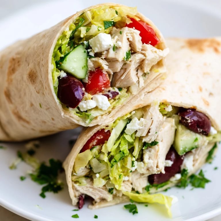 A close-up shows the vibrant red cherry tomatoes and Kalamata olives packed inside a folded Greek Lemon Chicken Salad Wrap, perfect for a quick Mediterranean lunch.