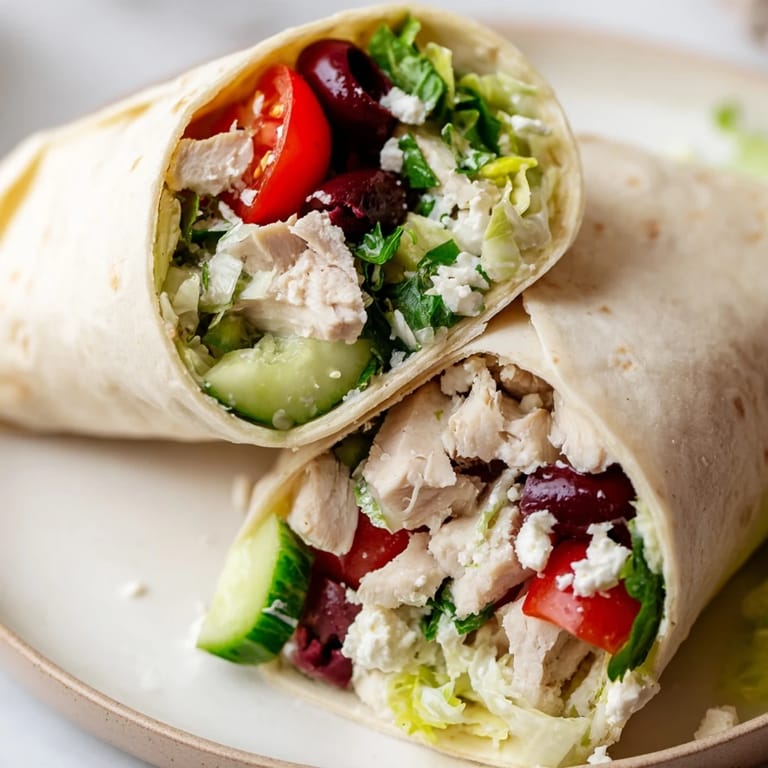 Sliced in half to reveal the juicy chicken and tangy Greek salad fillings, this Greek Lemon Chicken Salad Wrap is ready to serve with a side of tzatziki.
