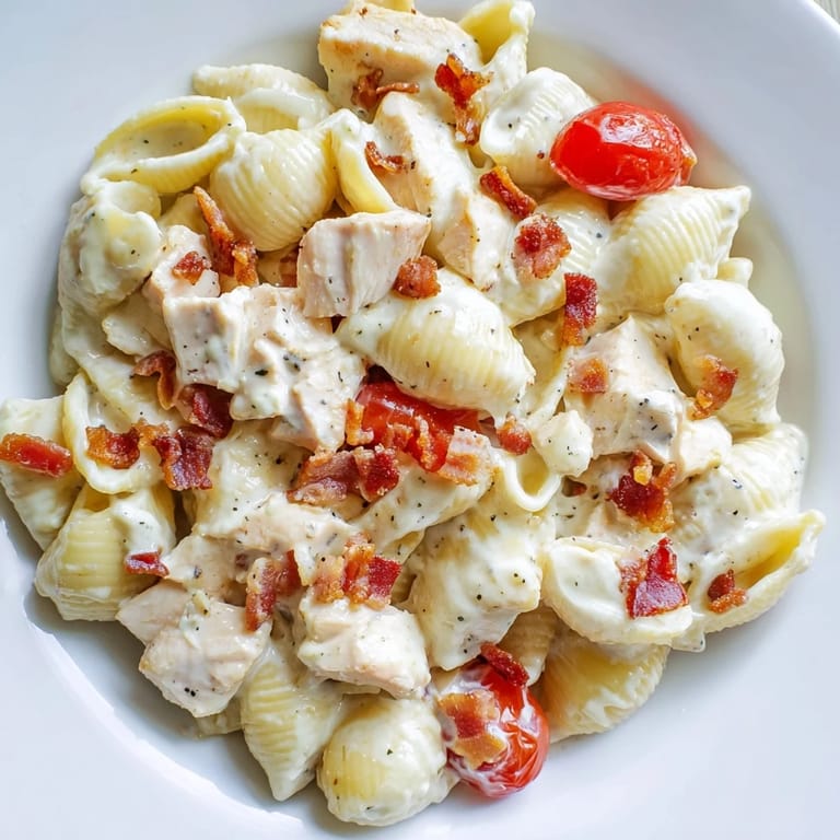 Golden-brown grilled chicken and smoky bacon pieces are tossed with pasta shells, fresh romaine, and red onion in a creamy mayonnaise dressing for this BLT Chicken Pasta Salad.