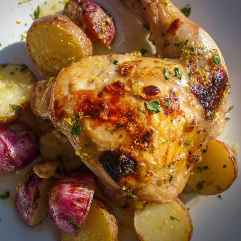 Bright roasted radishes and tender potatoes accompany juicy chicken thighs in this easy sheet pan dinner.