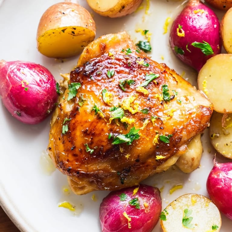 Juicy roasted chicken thighs with crispy skin sit beside sweet roasted radishes and potatoes on a sheet pan.