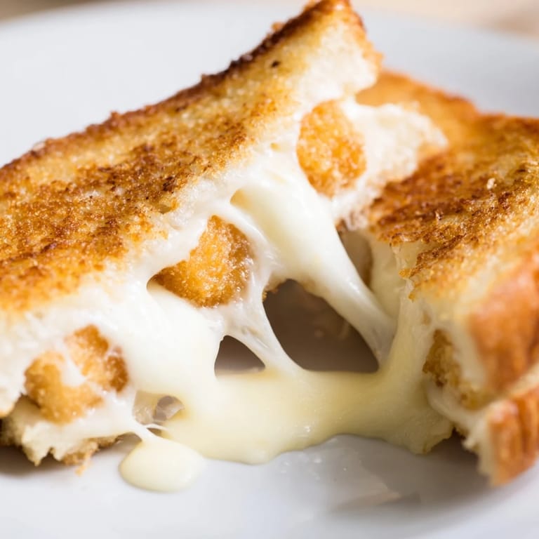 A close-up of the easy homemade Mozzarella Stick Grilled Cheese shows melted cheese oozing from between buttery sourdough, served with a small bowl of warm marinara dipping sauce.  